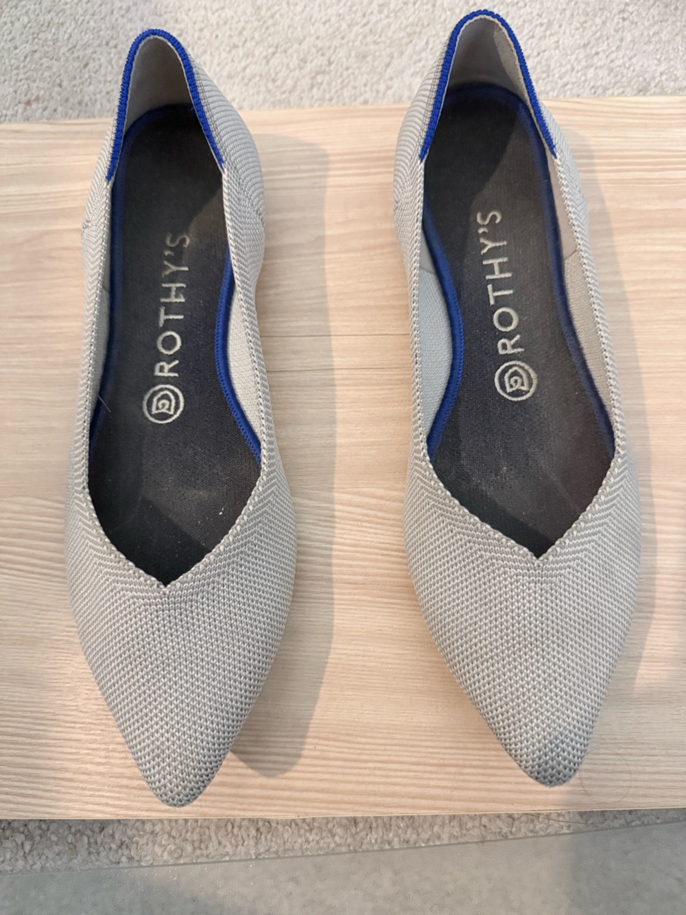 Rothy's Light Gray Knit Pointed-Toe Slip-Ons with Blue Trim